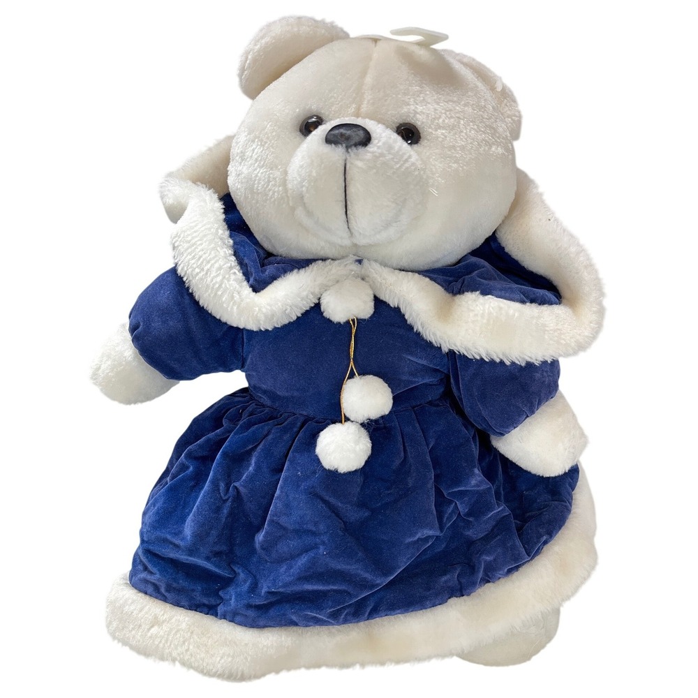 Vintage 1980s Embrace Teddy Bear Platinum Management Navy Blue Velvet Dress 15"